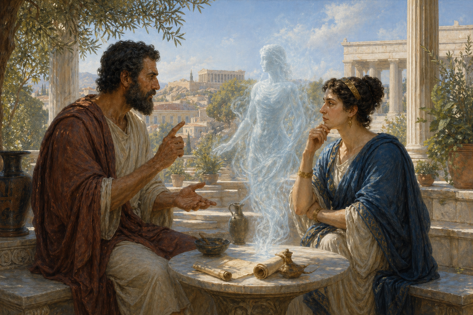 Critias and Alethia having a dialog about Alethia's agent